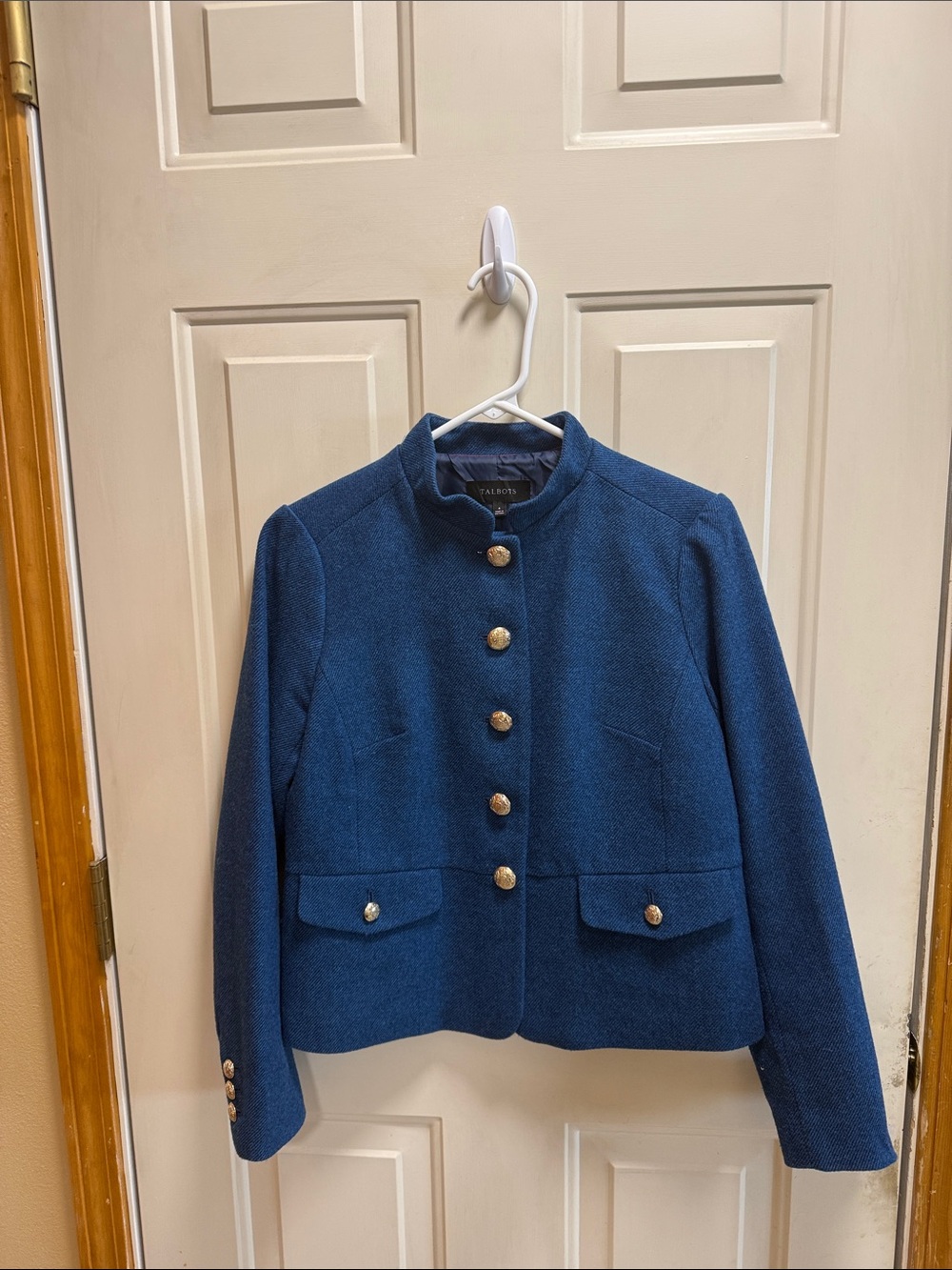 Talbots Navy Blue Military Stand-Collar Button Lined Blazer Jacket size 4